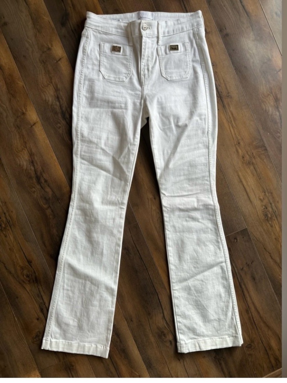WHBM Womens White Skinny Flare High Rise With Gold Accents Size 12